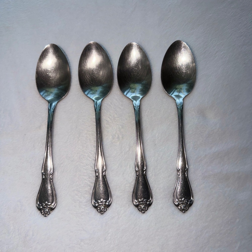 OMSA Deluxe Spoons Set of 4 Silver Excellent Floral Rose Inox Mexico Flatware